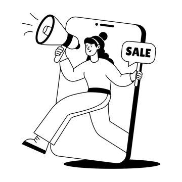 A shopper steps through a mobile screen holding a megaphone beside a sale sign, illustrating ecommerce advertising, discount promotion, and retail marketing.