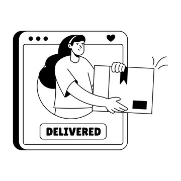 A customer holds a parcel inside a delivered status screen with a check mark, illustrating successful shipment arrival and completed order delivery.