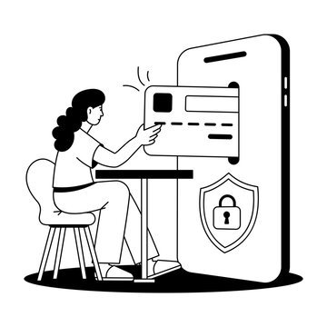 A woman uses a laptop beside a large payment card screen with a lock shield, illustrating protected checkout, digital transaction, and payment security.