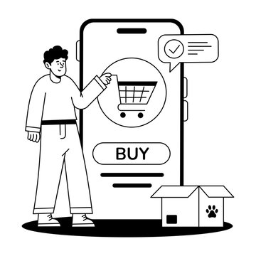 A shopper stands beside a large mobile cart screen with a buy button and parcel box, illustrating ecommerce basket review and online checkout process.