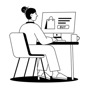 A woman works at a desk with a laptop and large shopping screen, illustrating ecommerce store operation, product browsing, and digital retail management.
