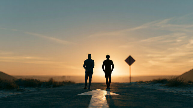 Two silhouettes stand on an empty road at sunset, symbolizing companionship and reflection. The serene landscape invites contemplation of life's journey and choices ahead.
