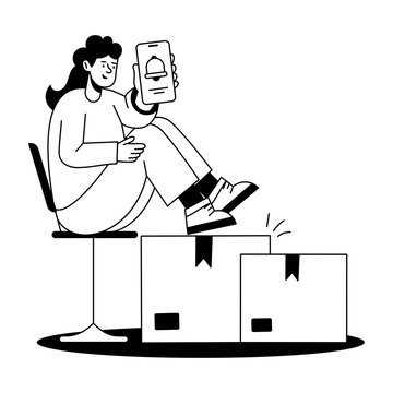 A seated customer checks a phone beside stacked boxes and a shopping bag, illustrating online parcel ordering, shipment receipt, and ecommerce delivery.