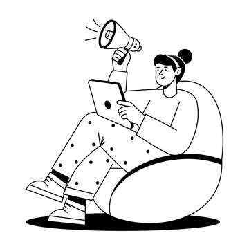 A seated shopper uses a megaphone beside shopping bags, illustrating promotional retail advertising, discount campaigns, and ecommerce sale marketing.