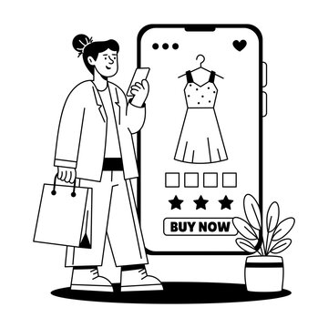 A shopper stands beside a fashion shopping screen with a dress and buy button, illustrating mobile clothing retail, apparel browsing, and online purchase.