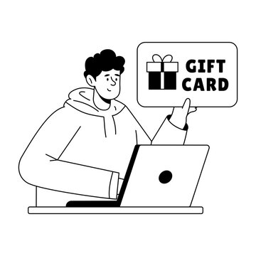 A man uses a laptop beside a large gift card sign, illustrating digital gifting, ecommerce rewards, prepaid shopping credit, and online retail purchases.