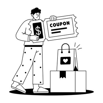 A shopper holds a coupon beside a shopping bag and percentage offer, illustrating ecommerce savings, promotional codes, and retail discount redemption.