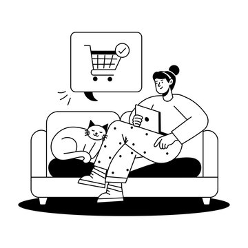 A relaxed shopper sits on a sofa holding a parcel and shopping bag, illustrating convenient home buying, digital retail, and virtual shopping activity.