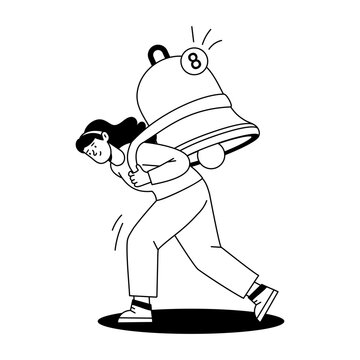 A shopper carries a large notification bell, illustrating ecommerce order alerts, purchase updates, delivery reminders, and shopping notifications.
