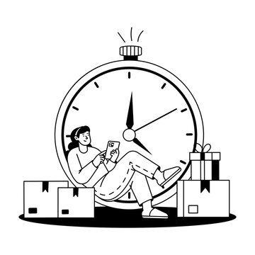 A shopper lies across a large clock surrounded by parcels, illustrating a time-limited ecommerce offer, urgent shopping promotion, and flash discount.