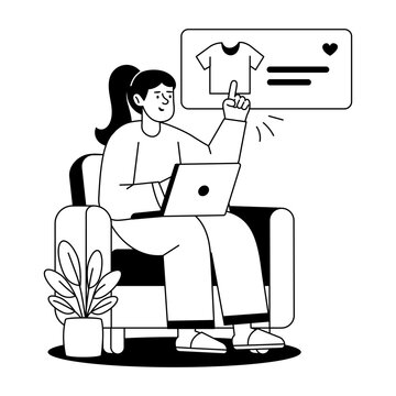 A seated shopper uses a laptop beside a large product page with clothing items, illustrating ecommerce search, online browsing, and item discovery.