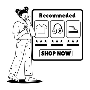 A shopper stands beside a large recommended-products screen, illustrating personalized ecommerce suggestions, online discovery, and shopping guidance.