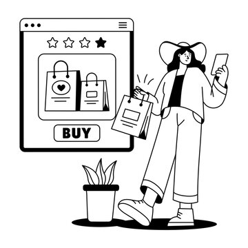 A cheerful shopper stands beside a large mobile store screen with shopping bags, illustrating active online buying, retail browsing, and ecommerce fun.