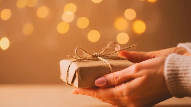 Cozy hands holding a wrapped gift box with twine against warm festive bokeh lights background