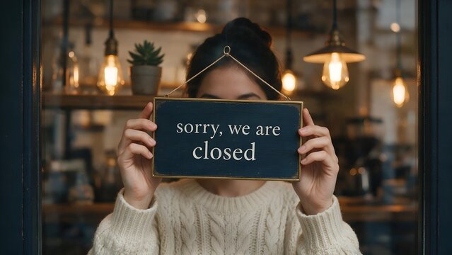 Young woman in a cozy white knitted sweater holds a blue wooden sorry we are closed sign behind a glass window of a quiet cafe