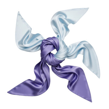three intricately knotted luxurious charmeuse silk scarves, icy blue and periwinkle lavender, flat lay on a matte neutral transparent studio backdrop, maximizing reflective sheen and folds. concept