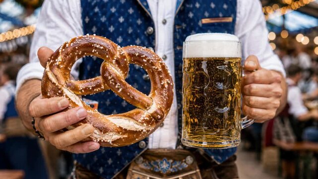 Oktoberfest beer stein with a salted pretzel held by a man in tracht, bavarian beer tent pairing, german festival refreshments