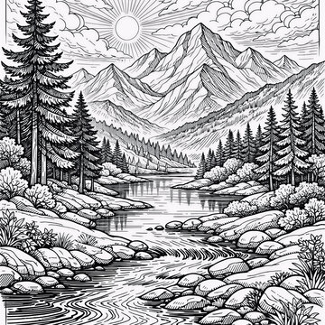 Black and white line art illustration of mountain landscape with river and pine forest