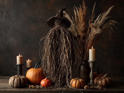 Rustic Halloween effigy with pumpkins and candles on a wooden table