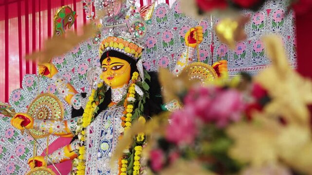 Magnificently Decorated Maa Durga Idol at a Hindu Religious Dussehra Celebration