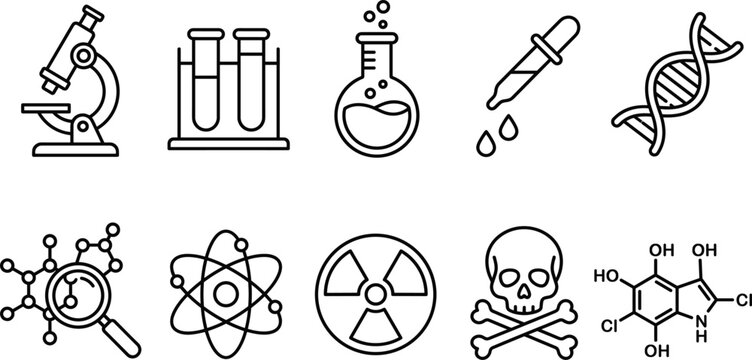 Science laboratory and chemistry research line icon set featuring microscope test tubes dna helix radiation and toxic symbols