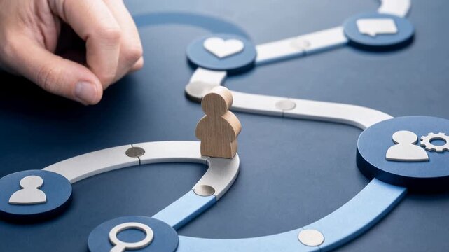 Concept of business process automation with wooden figures and flowchart on blue background