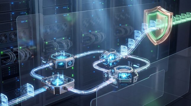 Futuristic data processing network with digital shield, secure server room, automated document flow, and glowing technology elements, representing insurance claims automation
