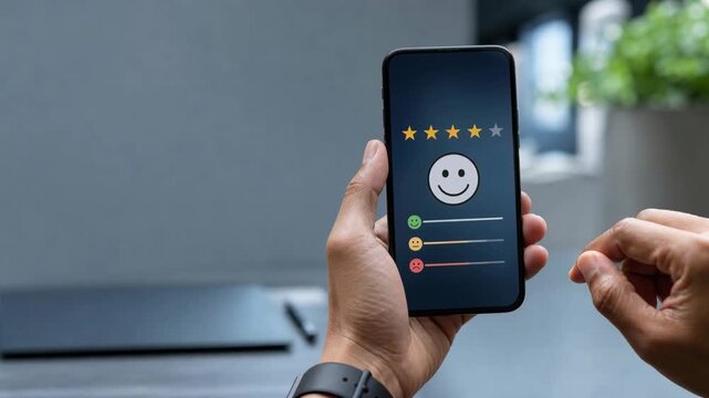 Customer rating feedback on mobile phone with smiling emoticon and star review for service satisfaction