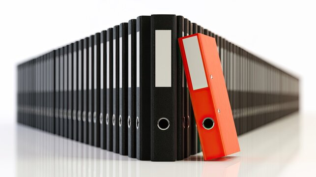 A row of black binders with one bright red binder in front