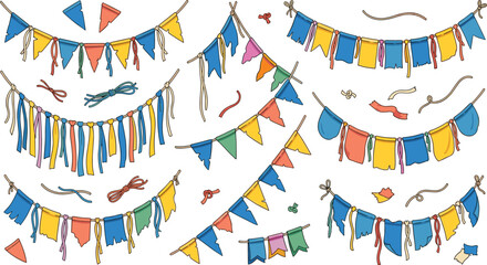 Obraz premium Colorful Carnival Party Bunting Flags and Celebration Garland Collection with Hand Drawn Pennant Banners Ribbons and Tassels Vector Illustration Pack