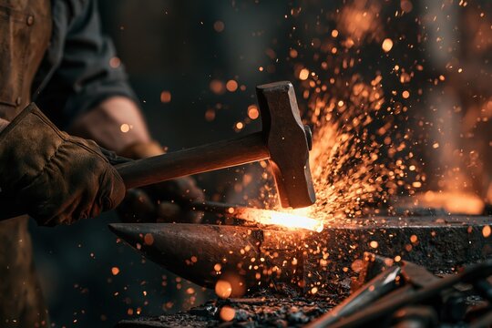 Blacksmith shaping glowing metal with a hammer on an anvil, sparks flying