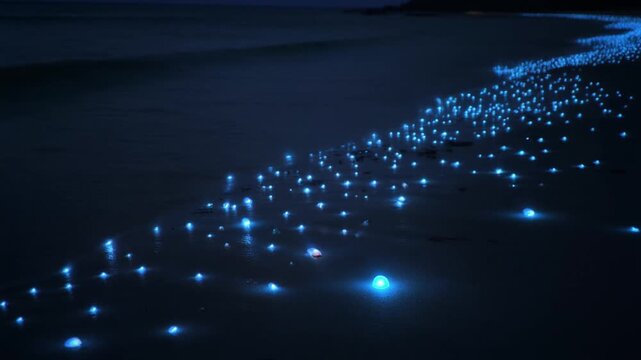Bioluminescent firefly squid glowing on dark shoreline at night
