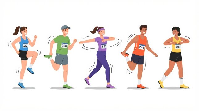 Diverse marathon runners stretching and warming up 2d illustration on isolated white