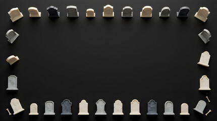 Naklejka premium Spooky halloween 3d graveyard background design featuring a frame of miniature tombstones on a dark black surface