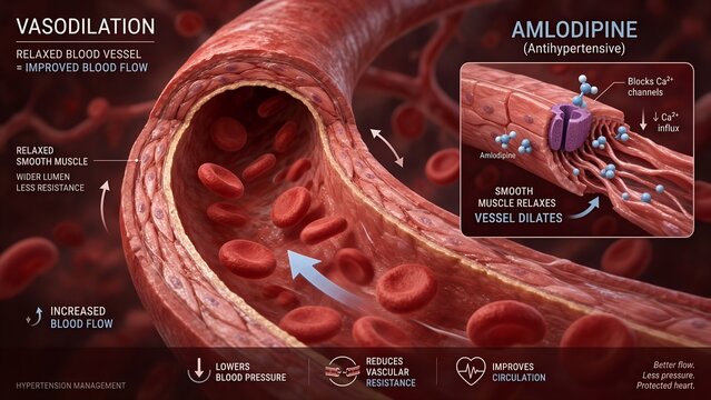 3d medical illustration of a human blood vessel undergoing vasodilation with a zoomed inset showing an antihypertensive drug like amlodipine relaxing vessel walls