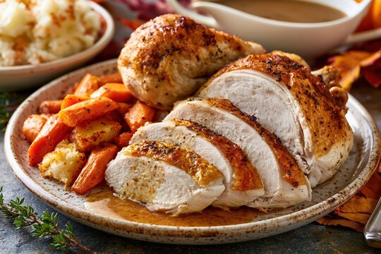 Juicy carved turkey breast with roasted carrots and mashed potatoes