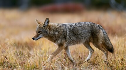Naklejka premium A coyote walks gracefully through tall golden grass in a natural open field under soft daylight