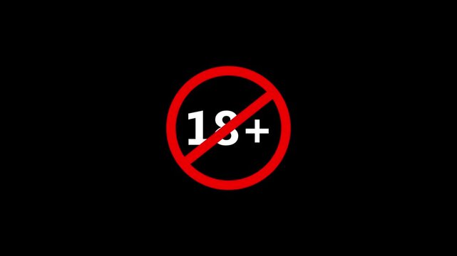 18 Plus Age Restriction Prohibited Red Stop Sign Icon Animated Motion Graphics Overlay Loop Isolated Black Background