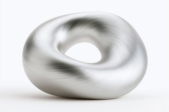 Asymmetric brushed aluminum torus sculpture with subtle metallic sheen