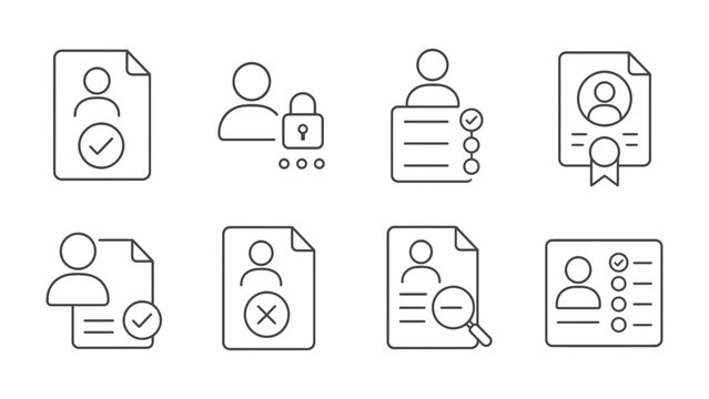 User Profile Icons: A collection of clean, minimalist line icons representing various aspects of user profiles, including verification, security, lists, and evaluation.