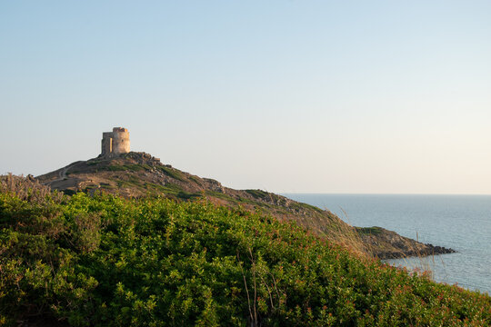 The Spanish Tower of San Giovanni in Sinis, near the sea, overlooks the archaeological site of Tharros, in the municipality of Cabras, Italy.