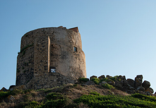 The Spanish Tower of San Giovanni in Sinis, near the sea, overlooks the archaeological site of Tharros, in the municipality of Cabras, Italy.