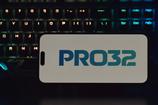 On a mobile phone screen logo PRO32 Corp global computer security software company.