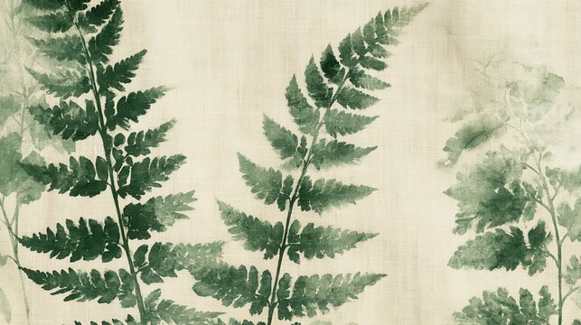 Rustic boho watercolor backdrop concept. Fern leaves printed on a textured fabric background in monochrome style.
