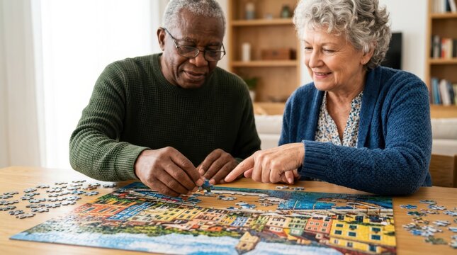 Seniors actively enjoy creative hobbies every day. A diverse senior couple collaboratively assembles a colorful jigsaw puzzle.