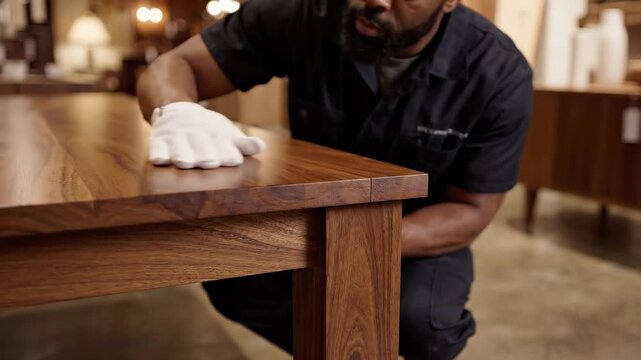 Black male inspector examines the surface, joints and finish of a handcrafted dining table in a warm luxury furniture showroom. Premium furniture inspection and artisan quality