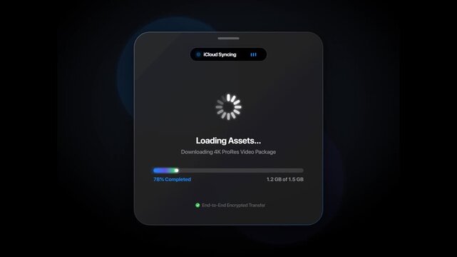 A digital interface screen on a dark background displaying a loading progress bar with the text Loading Assets, featuring a circular spinner icon and a minimalist, modern dark mode design.