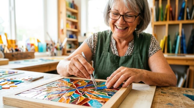 Seniors actively enjoy creative hobbies every day. A joyful elderly woman carefully constructs a colorful glass mosaic.