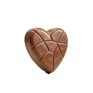A single heart shaped milk chocolate candy with grooved patterns on a white surface isolated on a transparent background