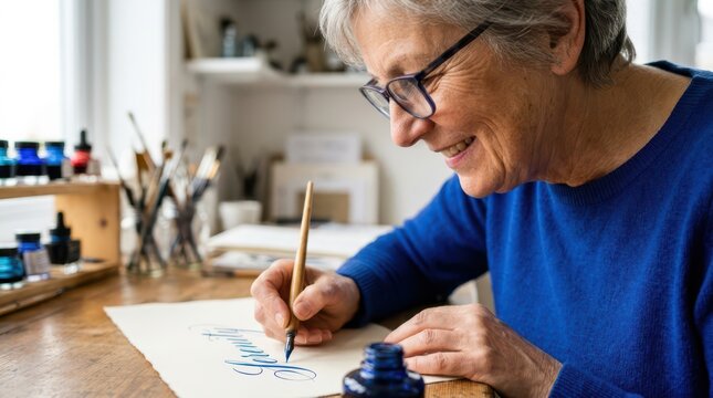 Seniors actively enjoy creative hobbies every day. An older woman meticulously writes elegant calligraphy using blue ink.